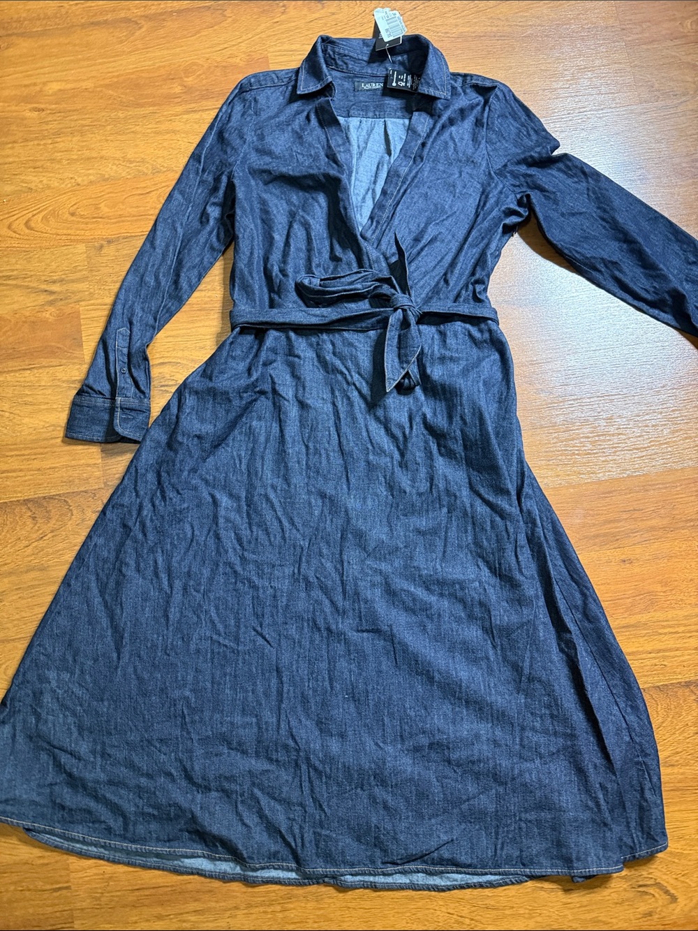 Lauren Ralph Lauren Navy Blue Long-Sleeve Wrap Shirt Dress with Tie